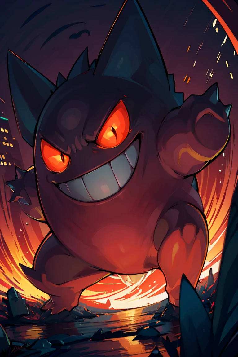 ((masterpiece,best quality)), absurdres, <lora:Gengar_v4:0.8>, gengar, no humans,  creatures (company), full body, game freak, gen 1 pokemon, grin, kaosu (kaosu0905), nintendo, no humans, orange eyes, pokemon (creature),  smile, solo, teeth
centered, award winning photo, (looking at viewer:1.2), evil grin, dynamic pose, graveyard, dark theme,  bokeh, depth of field, cinematic composition,