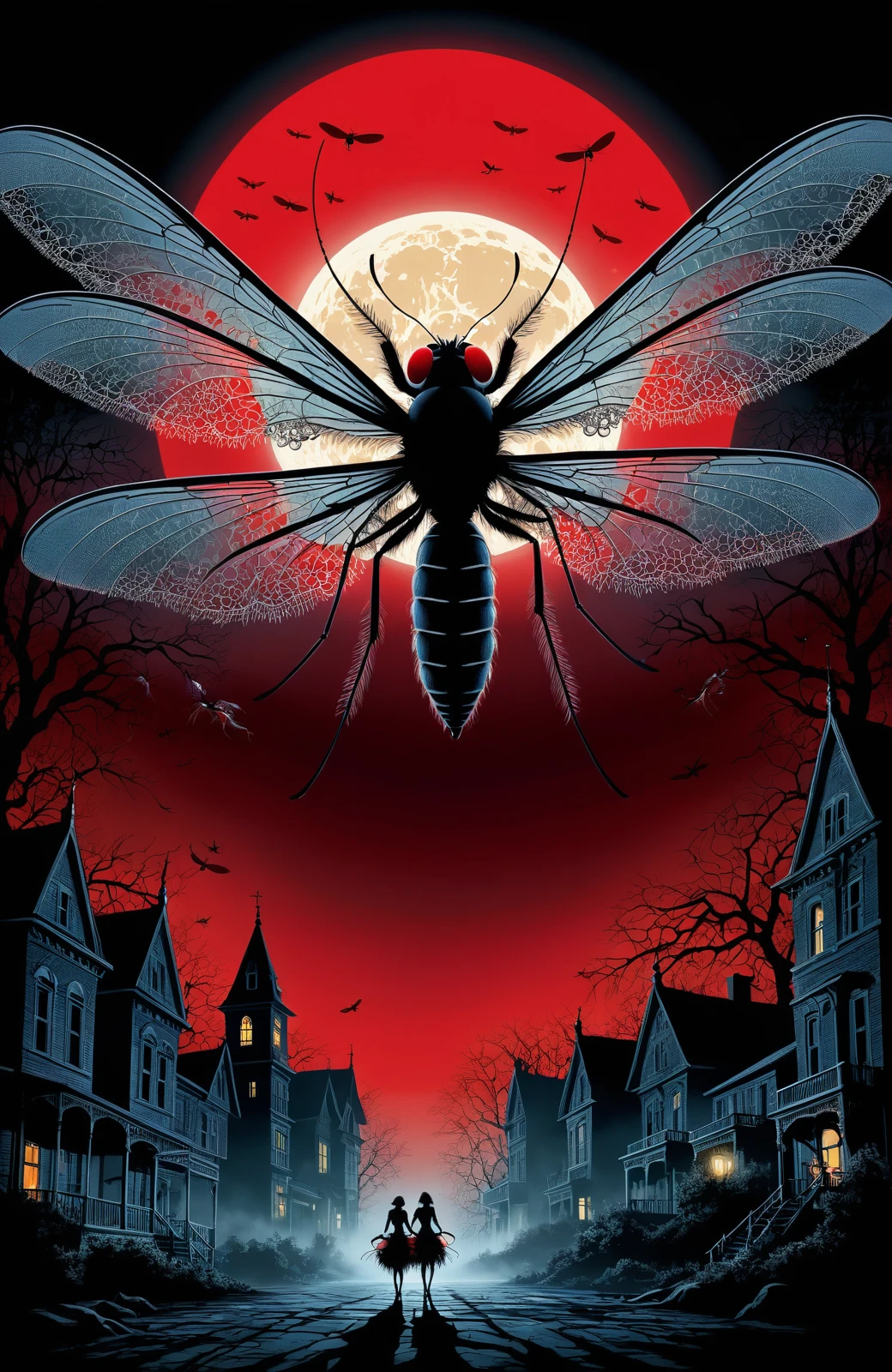 Monstrous mosquito in moonlit horror scene, eerie glow and electric air, metallic sheen and lace-like wings, colossal size emphasis, classic horror poster style, strong light and shadow contrasts, monochromatic with red splashes.