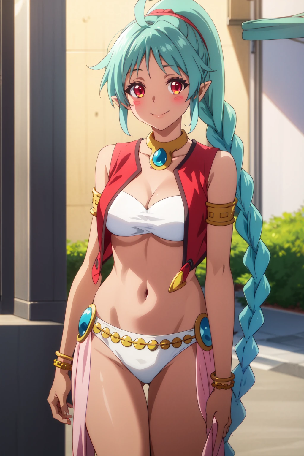 <lora:anime_screencap_v2:0.3> tall body, tall, long legs, mature female, mature, adult, <lora:GoodHands-beta2:1.4>, simple background, indoors
 <lora:eft_phantom_fairy:0.8> Eft_phantom_fairy, 1girl, solo, long hair, smile, breasts, red eyes, braid, dark-skinned female, navel, pointy ears, dark skin, very long hair, armlet, cleavage, green hair, jewelry, vest, looking at viewer, blush, single braid, medium breasts, full body, underwear, day, ponytail, closed mouth, red footwear, outdoors, ahoge, standing, panties, dancer, braided ponytail, bracelet, aqua hair, blush stickers, midriff, shoes, necklace, red vest