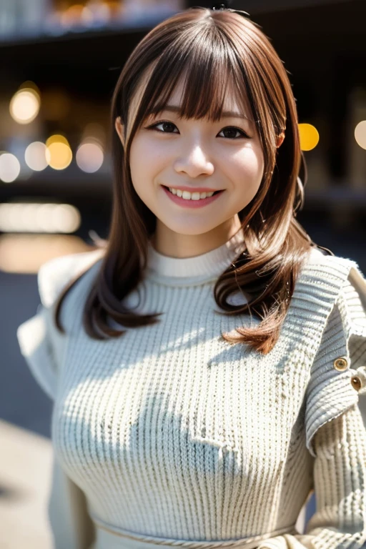 1girl, (knit:1.6),(RAW photo, best quality), (realistic, photo-realistic:1.4), (ultra detailed:1.8),masterpiece, an extremely delicate and beautiful, extremely detailed, 2k wallpaper, Amazing, finely detail, extremely detailed CG unity 8k wallpaper, ultra-detailed, highres, soft light, beautiful detailed girl, extremely detailed eyes and face, beautiful detailed nose, beautiful detailed eyes,(professional lighting:1.6),(city view:2.0),perfect anatomy,(slender body:1.8),(close up face:1.4),(light smile,cheerful,friendly, warm:1.8),(looking at viewer:1.8),(young japanese:1.8), (brown eyes:1.8), (blurry,bokeh background:1.6), (cleavage:0.8),<lora:inagakikonomi_lora-v2_05:0.8>