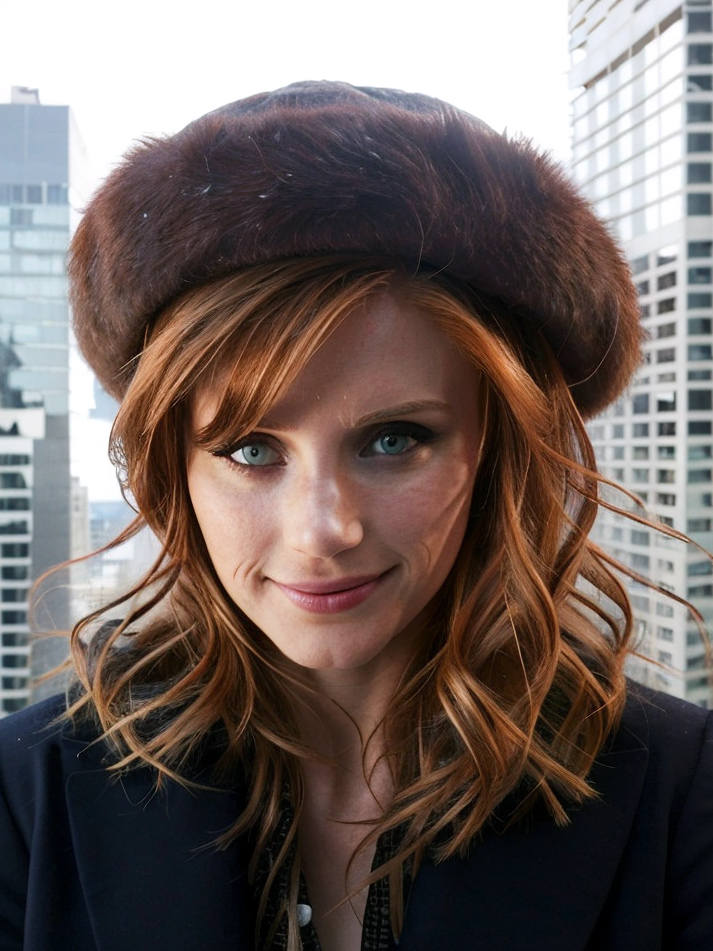 bdh, photograph, short hair, ((blonde hair)), looking at viewer, smile, face focus, close up portrait, wearing a chanel coat and fur hat, parted lips, looking at viewer, outdoors, sunlight, snow in background, city