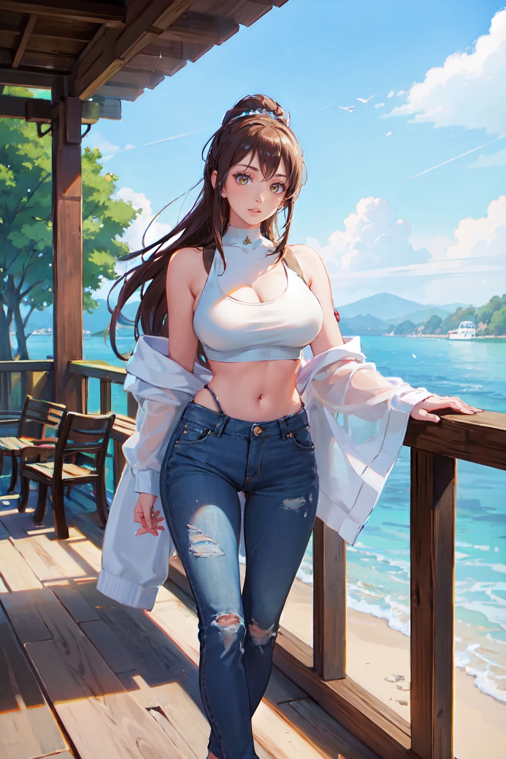 a woman wearing crop top and high-waisted jeans, lakeside, (rim lighting:0.5) <lora:fic-julie:0.9>