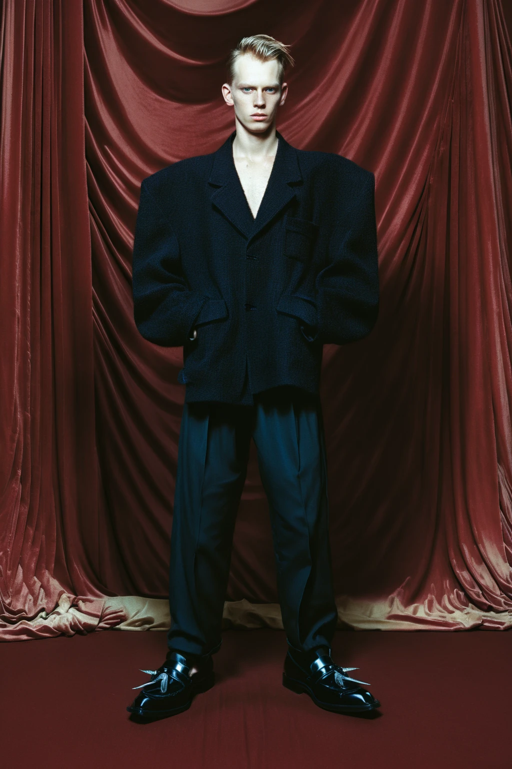 a fashion model young man,analog film grain texture,uncensored,surreal,photography aesthetic,natural light, Laurie Greasley,brand representation,spiteful,vulnerable posture,easy-going,Smelt,Alessandro Allori,Andrzej Sykut,flashy,Marco Mazzoni,Babirusa,Lifestone,artistic simplicity,lyrical,black loafers,Daan Roosegaarde<lora:balenciaga_2024_SS-000005:1>