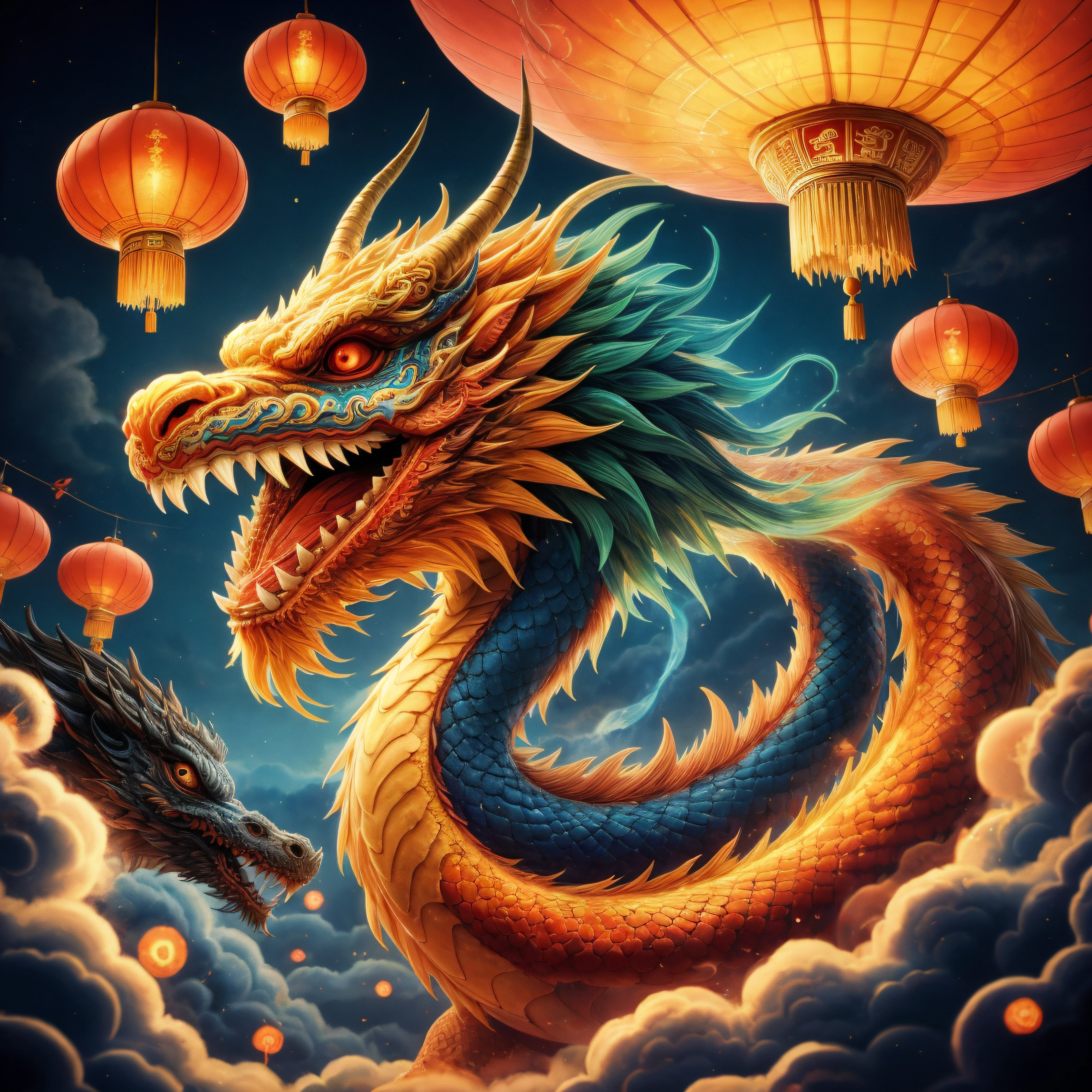 paper lantern, dragon, eastern dragon, lantern, no humans, horns, architecture, east asian architecture, (glowing:1.2), scales, open mouth, cloud, sharp teeth, sky, fire, creature, tongue, night, abstract,  <lora:DragonsAbstract:0.5>