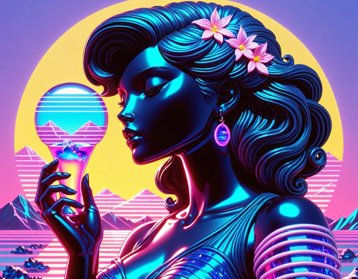 ObsidianViolet, Vaporwave, Delightful Woman Glassblower, Sun in the sky, Cutester Art, womanly