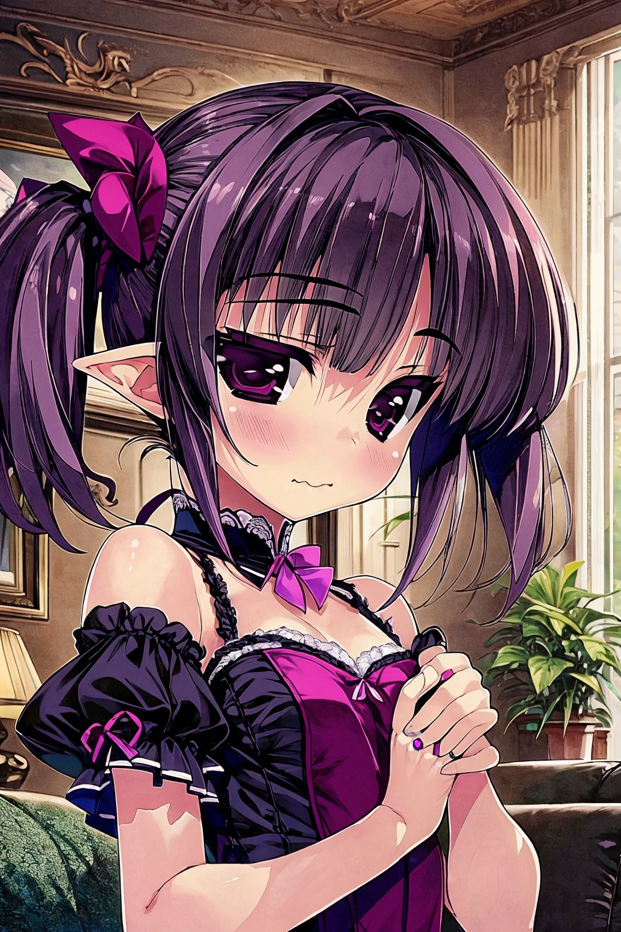 <lora:shintaro+MEI-000015:1> shintaro+, (masterpiece, top quality, extremely detailed, best quality, beautiful and aesthetic:1.2), (1girl:1.3), official art, high resolution, surreal,, upper body, living room, plant, windy, own hands together, two-tone hair, medium hair, twin ponytails, purple eyes, petite, idol clothes, pointy ears, small breasts, wavy mouth, closed mouth, ring, happy