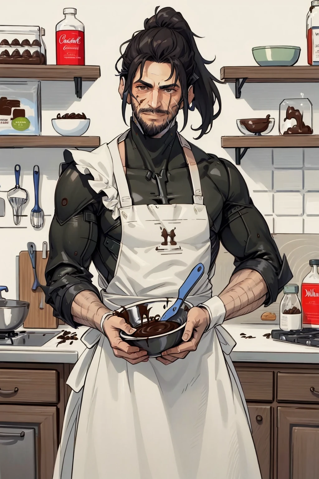 High Quality, Masterpiece, 1boy, IncrsChocoMaker, <lora:ChocolateMaking:1>, whisk, apron, food on face, kitchen, chocolate on body, Jetstream Sam, facial hair, male focus, beard, cyborg, <lora:Char_MGR_JetstreamSam:0.75>, smirk,