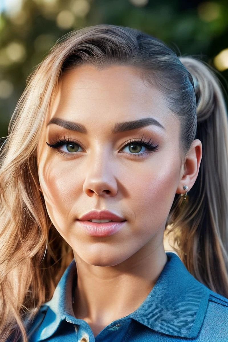 closeup headshot of S318_Haliene,a beautiful woman,in a (park:1.1),wearing a (polo-shirt:1.1),(ponytail),(4k, RAW photo, best quality, depth of field, ultra high res:1.1),(absurdres, intricate, photorealistic, masterpiece, ultra-detailed:1.1),