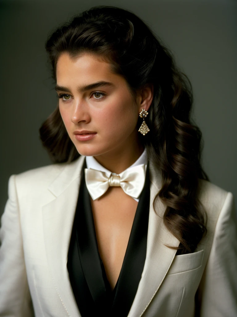 A beautiful br00k3s woman, 1girl,solo,long hair,brown hair,bow,brown eyes,jewelry,earrings,bowtie,lips,formal,suit,curly hair,realistic,hands in pockets,soft lighting, professional Photography, Photorealistic, detailed, RAW, analog, sharp focus, 8k, HD, high quality, masterpiece<lora:br00k3s:1.0>