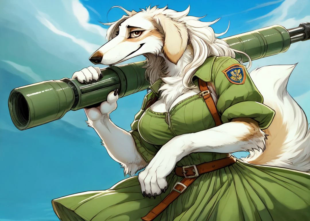 hideki kaneda, sturmovik \(hideki kaneda\), borzoi, canid, canine, canis, domestic dog, hunting dog, mammal, sighthound, anthro, black nose, breasts, brown eyes, clothed, clothing, female, fluffy, fluffy tail, footwear, fur, gloves, hair, handwear, high heels, holding object, holding weapon, long hair, missile launcher, ranged weapon, rocket launcher, scar, solo, tail, weapon, white body, white fur, white hair,long snout,longer snout,scar,snout scar,russian,comunism,green dress,boots,brown boots,
 <lora:Borzoi_Anthro-10:1> borzoi_anthro, (best quality, good quality:1.4),
 (by dagasi, by daigaijin),