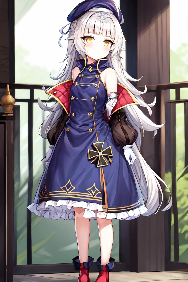 Z46, 1girl, (iron cross:1.25), blue dress, sleeveless dress, standing, outside   <lora:z46swim0.5:1>  <lora:more_details:0.4>
