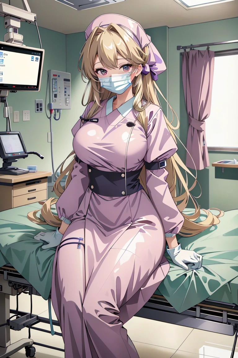 ((masterpiece, best quality,lower_body)), operating table,medical monitors,hospital bed,  <lora:Hitomi Naruse v1:0.8> (hitomi naruse, 1girl, very long hair, large breasts, blonde hair, purple eyes, hair ribbon, antenna hair), <lora:surgical_v3:0.8> (surgical_uniform_3.0, surgical mask, gloves,surgical cap,long sleeves),