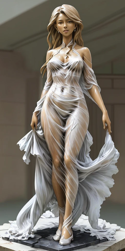 beautiful woman looking into the distance, slight smile, strong face, wind blowing dress, wet dress, see-through dress, luolirong, statue, statue by luo li rong, focused face, <lora:luolirong:1>