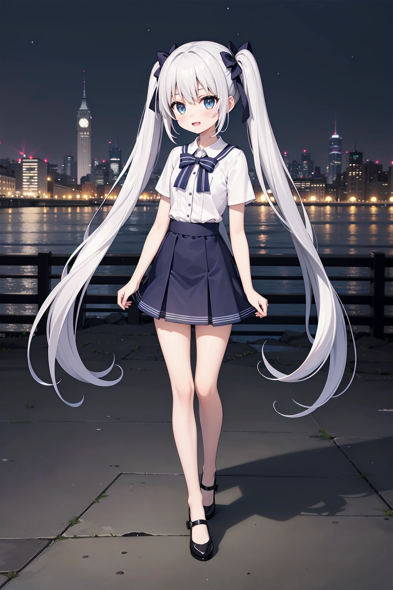 (((masterpiece))), best quality, illustration, (teenage girl), 1girl with white long hair, beautiful detailed eyes, white long straight hair, ((cute)), (petite), slim, solo, solo focus, shirt, skirt, cityscape, night, full body, looking away, twintails, happy