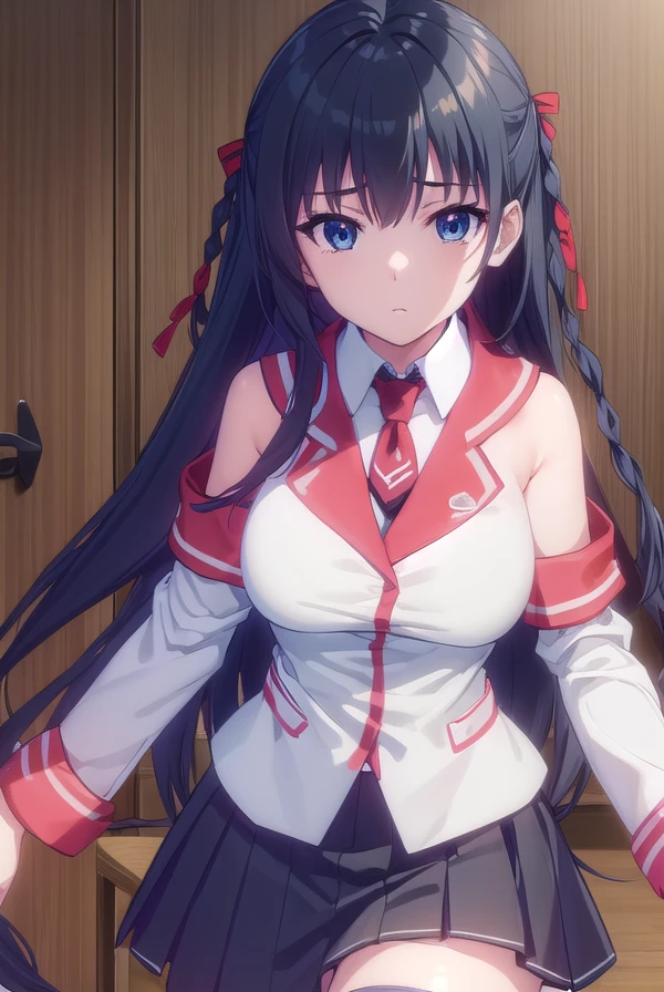 hayuruhimekawa, <lora:hayuru himekawa s1-lora-nochekaiser:1>,
hayuru himekawa, long hair, (black eyes:1.3), black hair, hair ribbon, braid, twin braids
BREAK skirt, thighhighs, ribbon, school uniform, detached sleeves, necktie, black skirt, red necktie,
BREAK indoors, classroom,
BREAK looking at viewer, (cowboy shot:1.5),
BREAK <lyco:GoodHands-beta2:1>, (masterpiece:1.2), best quality, high resolution, unity 8k wallpaper, (illustration:0.8), (beautiful detailed eyes:1.6), extremely detailed face, perfect lighting, extremely detailed CG, (perfect hands, perfect anatomy),