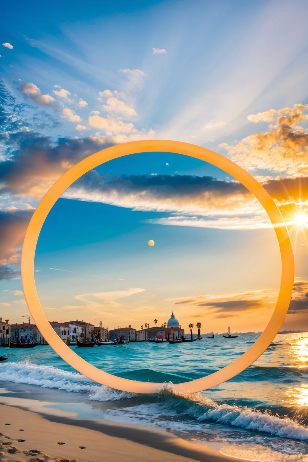 a realistic photo of a sunset over Venice Beach with a singular cloud that hangs in the distance against the half circle sun on the horizon, cloud shaped like a happy face, realistic photo
