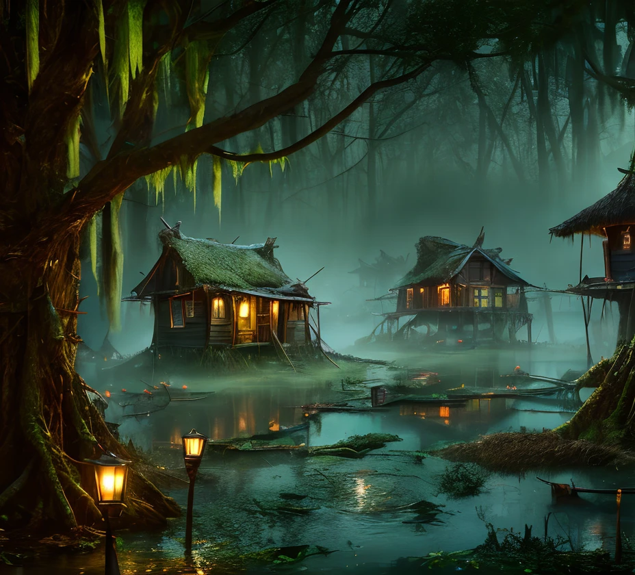 (masterpiece:1.2), (best quality,:1.2), 8k, HDR, ultra detailed, ((photorealistic)), professional light, cinematic lighting, fashion photography, ambient lighting, a small settlement of run-down huts in the middle of a sinister swamp, <lora:detail_slider_v4:3>, FanSwa, <lora:FantasySwamps-10:1>, ((perfect hands)), epiCPhoto