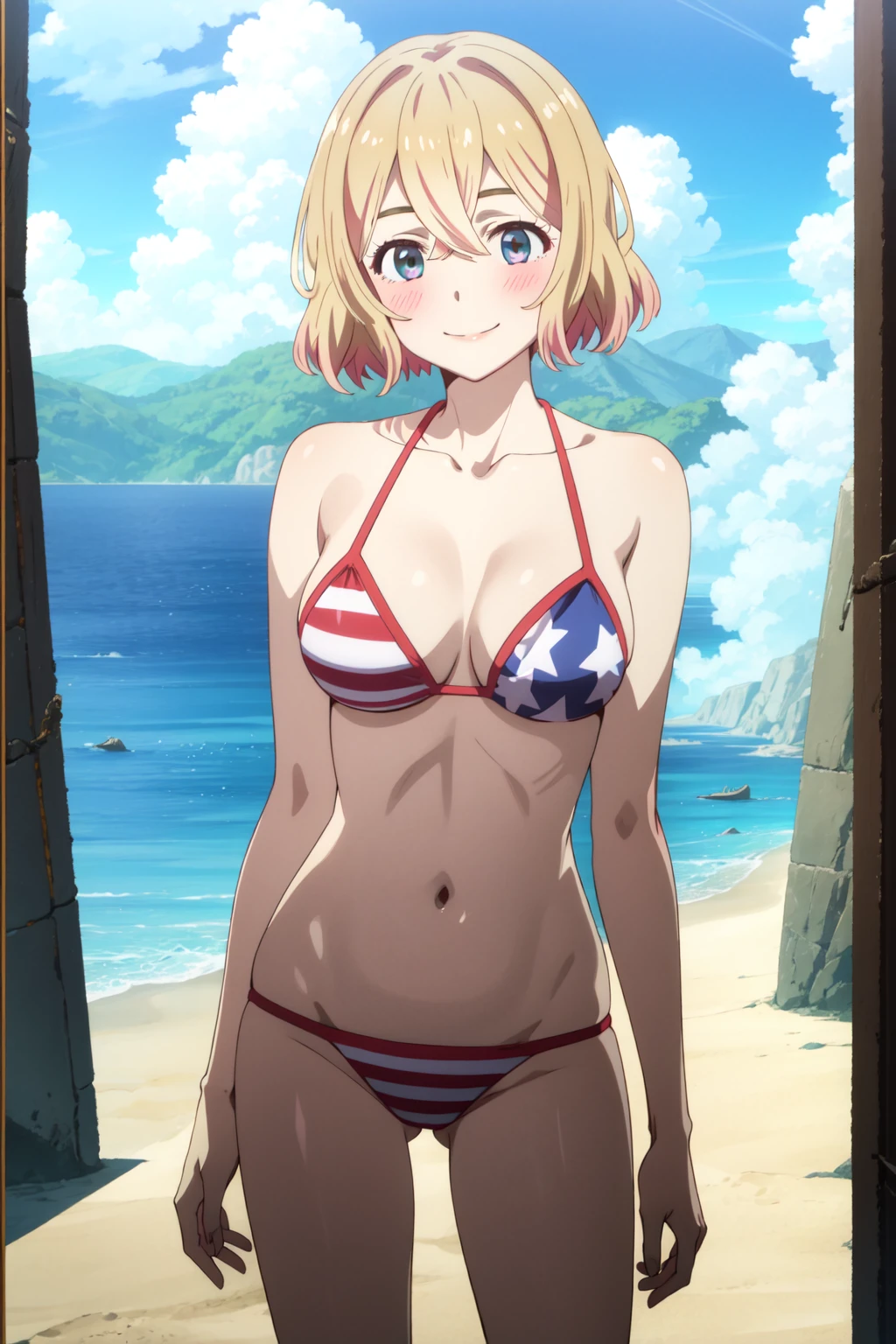 Score_9, score_8_up, score_7_up, source_anime, ikuchan, looking at viewer, American flag bikini, beach, licking lips, biting own lip, hellsing, seras, blue eyes, blonde hair, short hair,