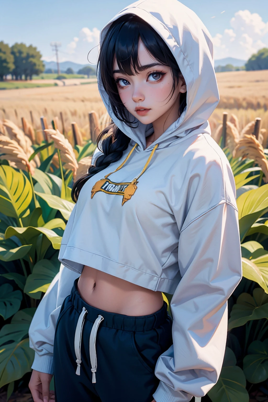 a woman wearing hoodie and sweatpants, cornfields, (shadow play:0.5) <lora:fic-Xiao:1>