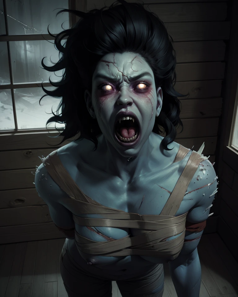 TheSpirit,black floating hair,white eyes,large hair,glass,flesh,blue skin,injury,
angry,lips,standing,
toned,open mouth,
bandages,chest sarashi,
underground,cabin,leaning forward,
night,
(insanely detailed, beautiful detailed face, masterpiece, best quality),solo,<lora:TheSpiritDE:0.8>,