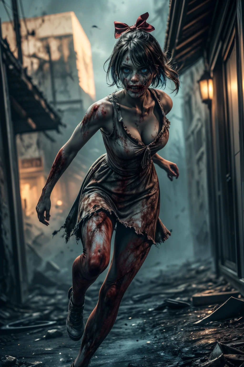 40_Zoey olderv2,Zombie,dynamic angles,masterpiece,(detailed),(detailed skin),short hair,a red bow in her hair,blue eyes,wearing a cute dress,outdoors,solo,breasts,cleavage,collarbone,lips,in an apocalyptic city,extremely detailed 8K,smooth,high resolution,ultra quality,highly detailed,perfect eyes,both eyes are the same,hd,2k,4k,8k,16k,(((full body))),(((action poses))),(looking at viewer),<lora:more_details:0.6>,vivid colors,volumetric lighting,volumetric light,hdr,ray tracing,<lora:Zoey_zombie_olderV2_r40:0.7>,