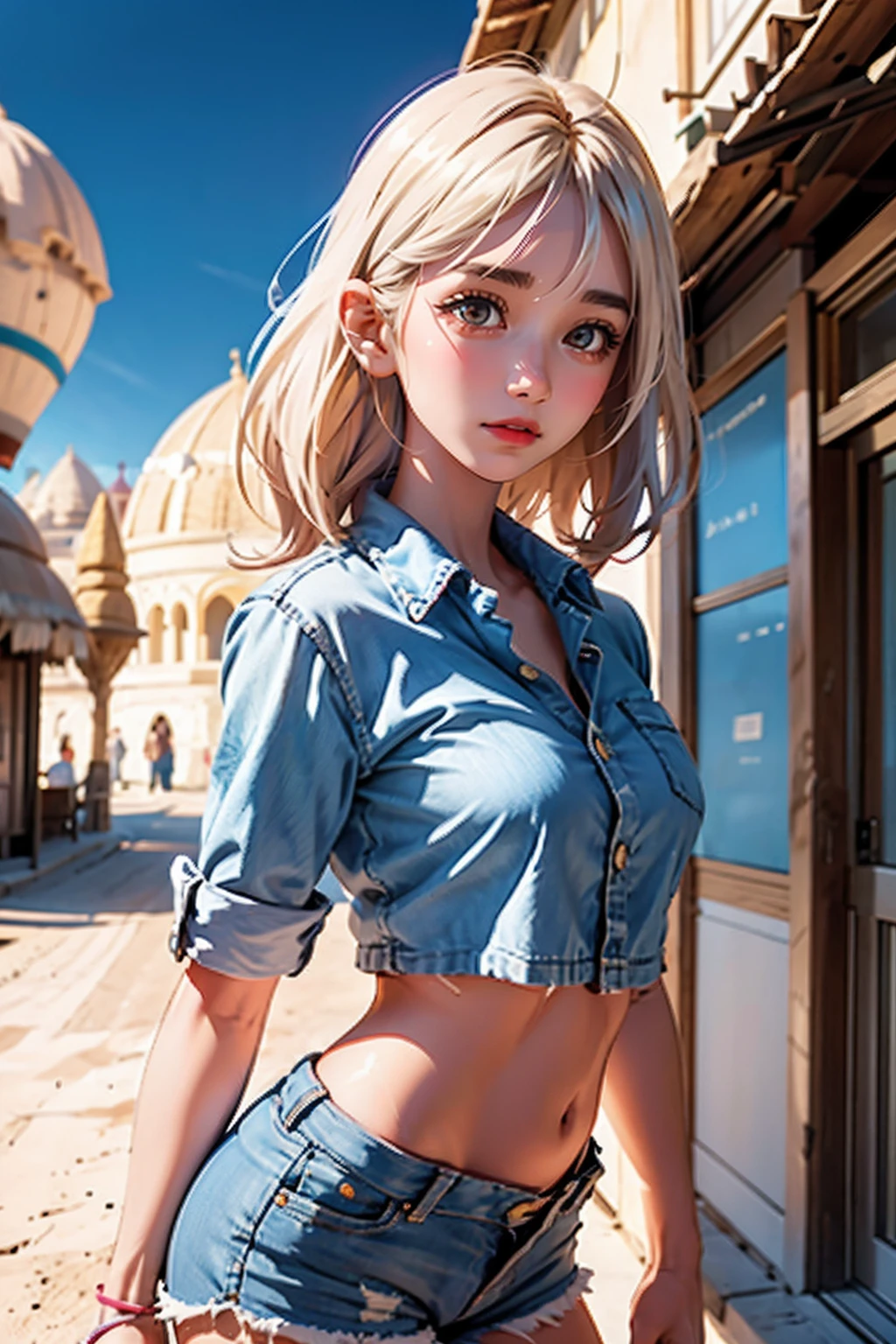 (masterpiece, best quality:1.4), Young blonde beauty, (((18 years old, neat girl))), detailed blue eyes, long eyelashes, blush, kind smile, horny, upper body, wet short top, small ass, round ass, short pink open skirt, (looking at viewer), beautiful blonde hair, white-skinned, (bangs:1.3), squeezing, (medium size breasts), (mushroom forest, colorful celestial forest, beautiful and magnificent pink sunshine, majestic sky), natural light, pastel colors