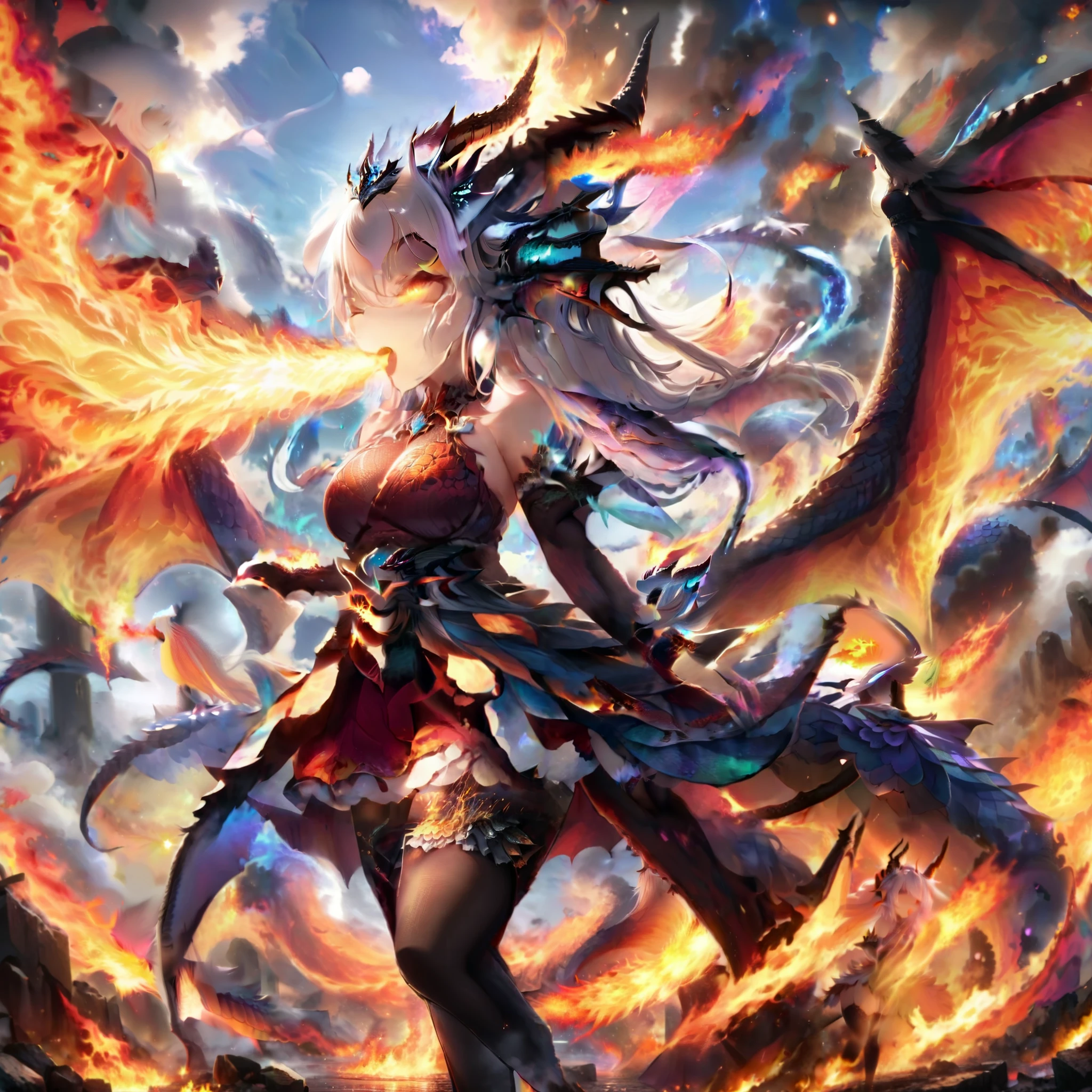 masterpiece,absurd resolution,,(Best quality:1.2), highres, (scenary:1.2),,FireBreath,blowing out fire trought mouth,breathing fire,1girl,solo,long hair,breasts,thighhighs,dress,bare shoulders,standing,tail,full body,closed eyes,white hair,outdoors,wings,horns,sky,fire,monster girl,dragon horns,dragon girl,dragon tail,scales,dragon wings,destruction,breathing fire,molten rock
,  <lora:add_detail:1> <lora:more_details:1>, <lora:FireBreath:1>,