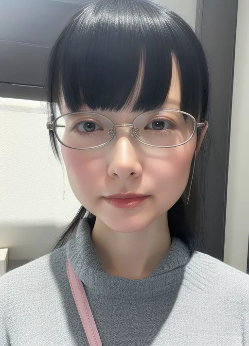 masterpiece,best quality,higher black hair, <lora:JapaneseJimi:1> 1girl, solo, realistic, looking at viewer,glasses