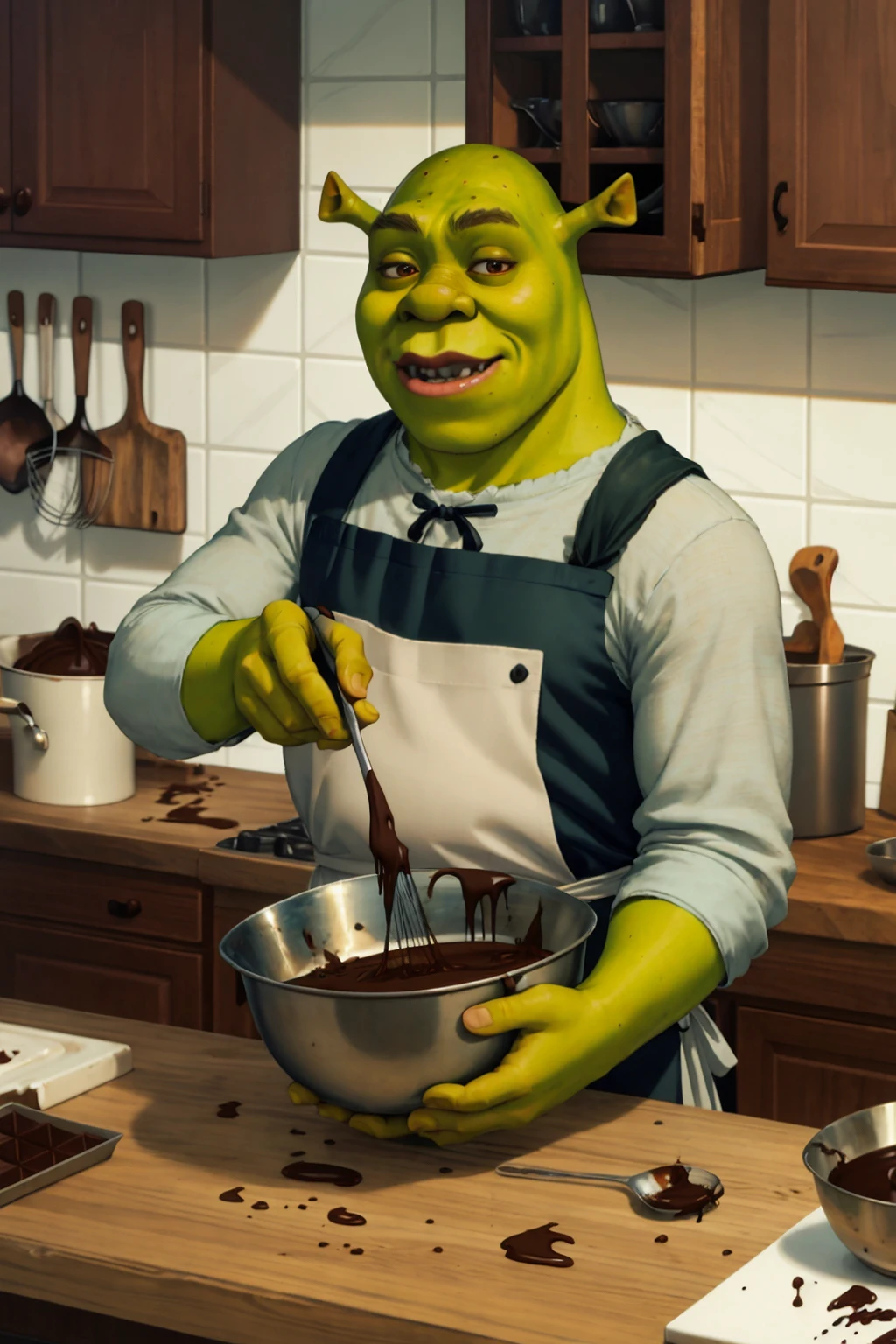 High Quality, Masterpiece, 1boy, IncrsChocoMaker, <lora:ChocolateMaking:1>, whisk, apron, food on face, kitchen, chocolate on body, shrex, green skin, ogre, shrek, <lora:Char_Sigmas_Shrek:0.9>