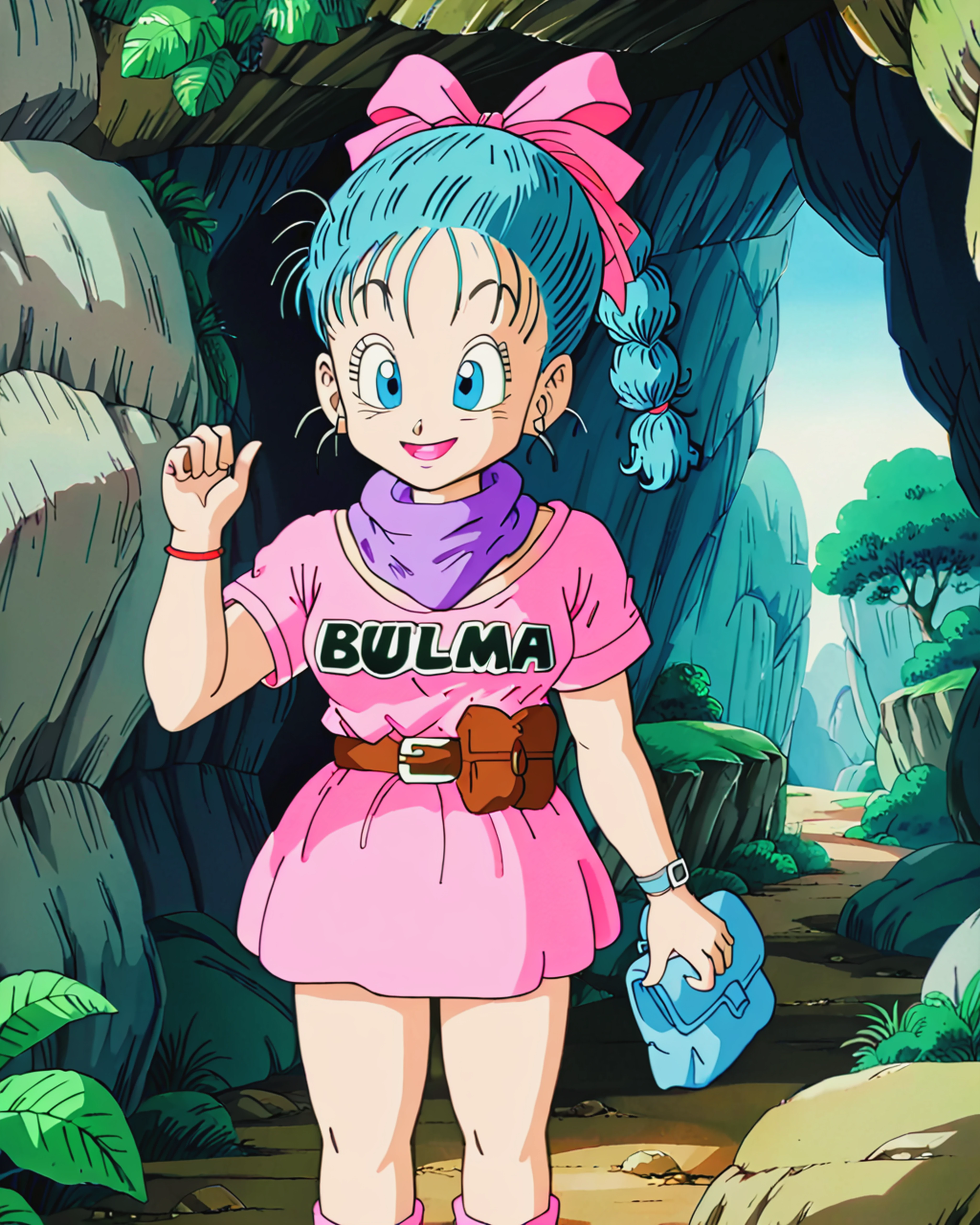 <lora:add-detail-xl:1> <lora:db1_bulma_XL:1> db1_bulma, pink dress, blue hair, blue pouch, smiling, exploring a cave
