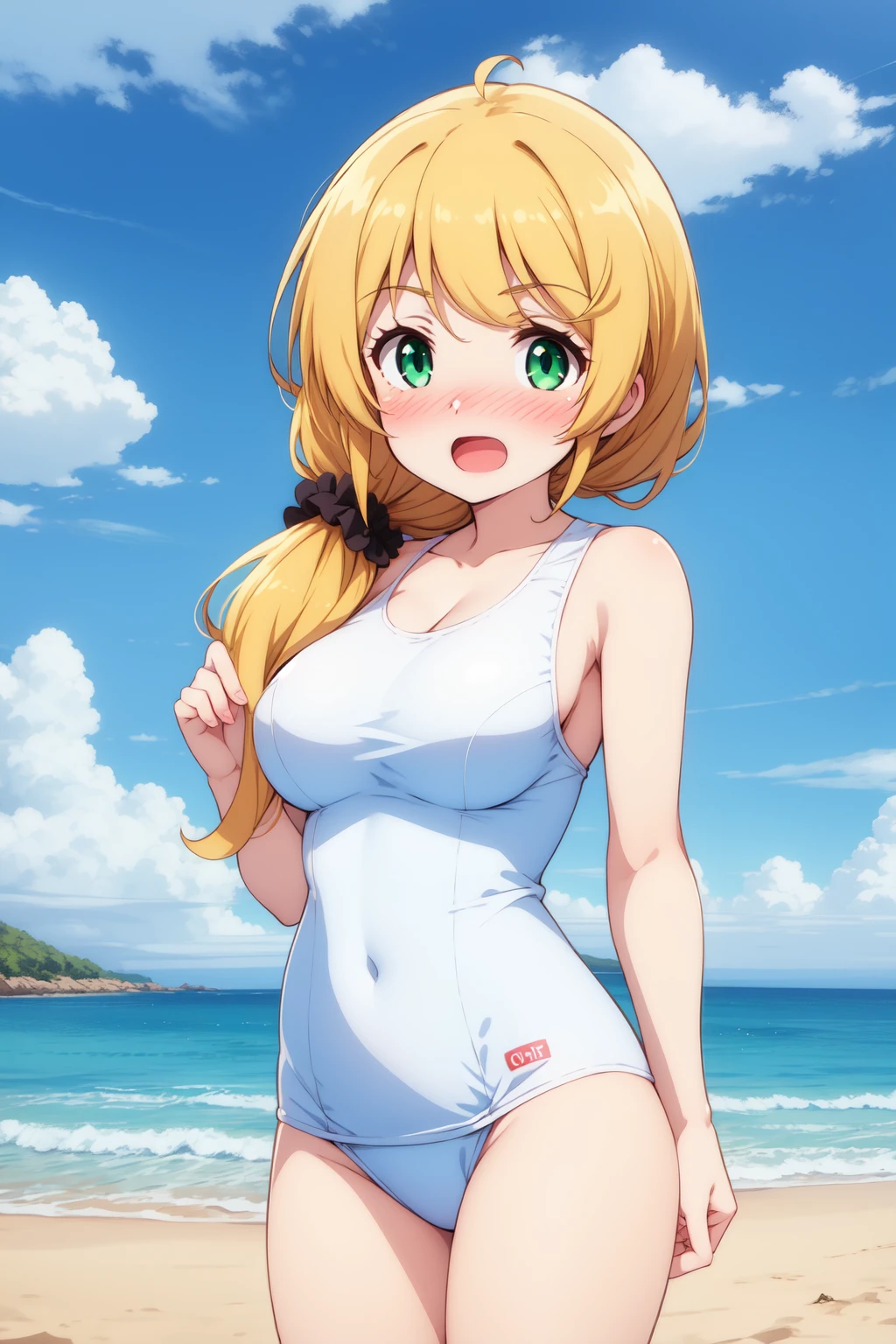 1girl, cowboy shot, beach, nose blush, open mouth, 
ellen_baker, green eyes, blonde hair, long hair, hair scrunchie, school swimsuit,  <lora:Ellen_Baker_lora_ver1:0.7>, best quality, masterpiece, highres, <lora:GoodHands-vanilla:1>