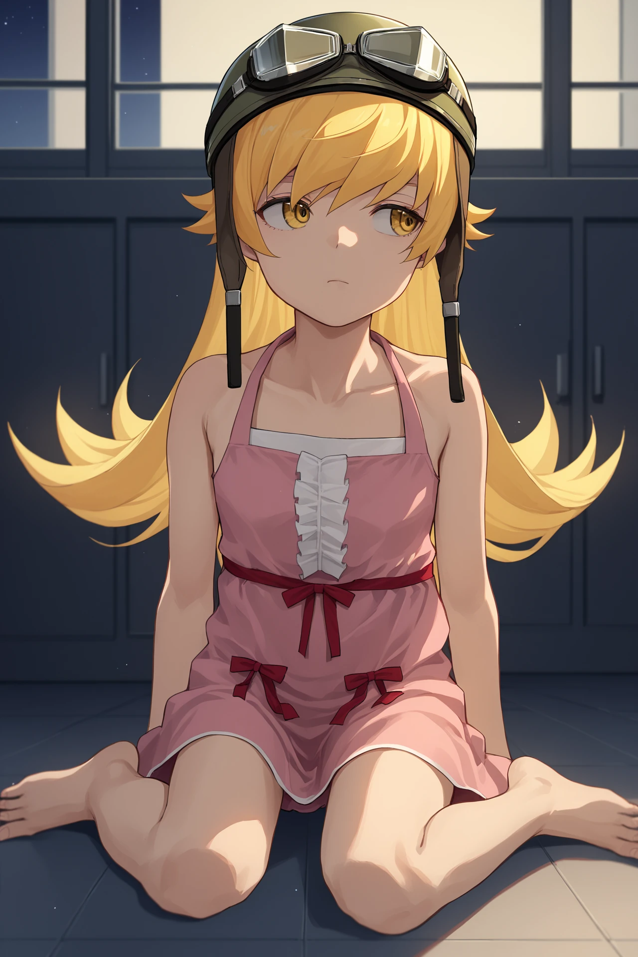 <lora:as109sArtStyle_v10:0.7>,(art by AS109), soft light, (detailed hair:1.3), shadow, chiaroscuro, <lora:shinobuOshino_loraoshinoshinobuV1:0.63>, girl,1girl, solo, female, (oshino_shinobu), (blonde) (blonde_hair), (yellow_hair), ((long_hair)), ((bangs)), (yellow_eyes), blush, , flat_chest, white_dress, bow, bracelet, full_body,standing,lolicon