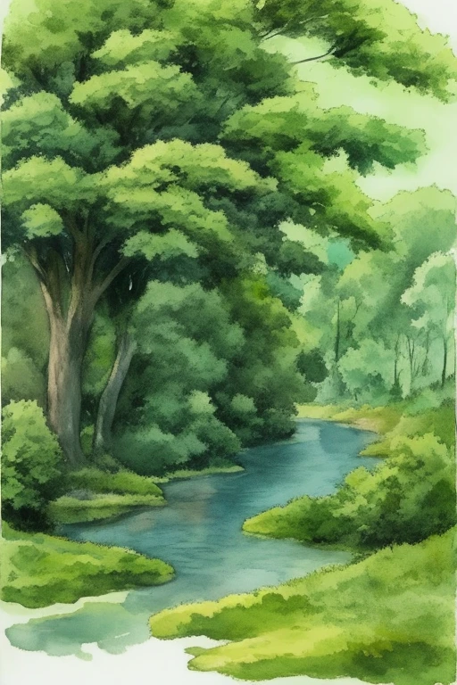 grass, watercolor, traditional media, wide shot, tree, forest, river