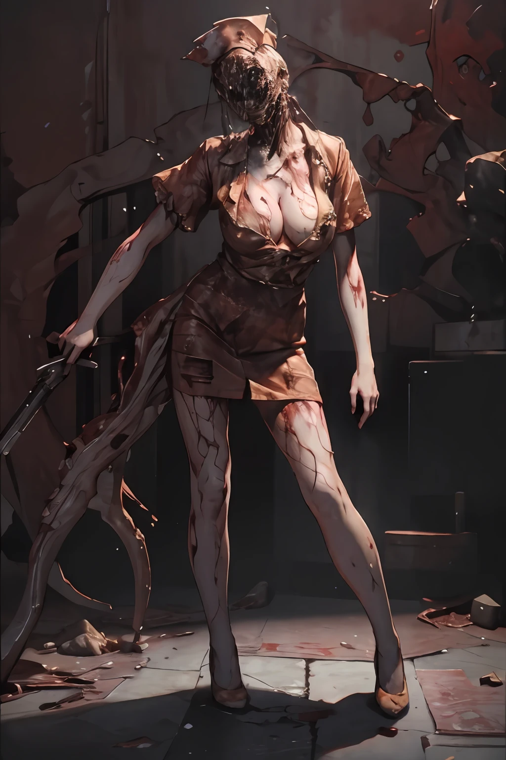 1girl,solo,outdoors,<lora:GoodHands-beta2:1>,(full body:1.3),<lora:0227 silent hill nurse_v1:0.9>,ruanyi0227,standing,faceless,no eyes,nurse,nurse cap,red background,(huge breasts:1.3),blood,skirt lift,bandages,nurse \(silent hill\),<lora:BodHor-V1:0.8>, (bodhor:1.2),((disgusting body horror)),, best quality,masterpiece,highres,official art,extremely detailed cg unity 8k wallpaper