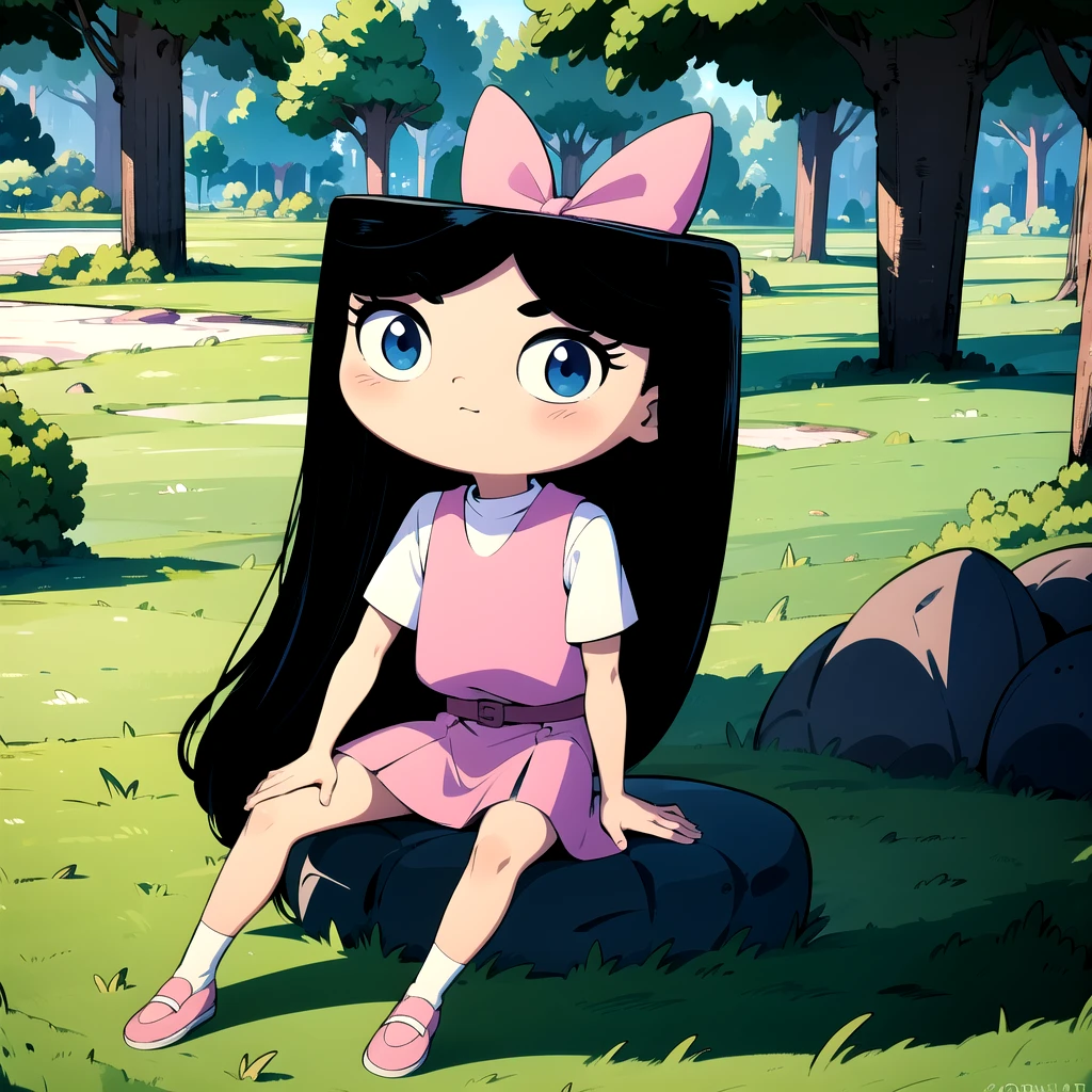 1girl, solo, black eyes, black hair, blue eyes, hair bow, isabella garcia, long hair, white shirt, pink dress, child, <lora:Isabella_Garcia-Shapiro_Leaf2:0.8>, sitting, sitting on rock,