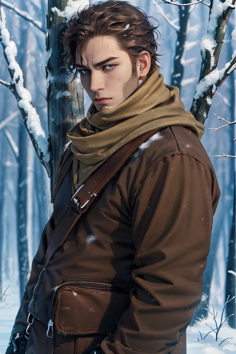 (1 image only),  solo male,  Vasily Pavlichenko,  Golden Kamuy,  Russian,  sniper,  brown hair,  blue eyes,  sharp eyes,  defined eyelashes,  furrowed brow,  wavy medium-length hair,  bold sideburns,  short and neat Shenandoah beard,  lightly-colored coat,  dark gloves,  scarf,  pants,  boots,  crossbody bag,  handsome,  charming,  alluring,  standing,  upper body in frame,  perfect anatomy,  perfect proportions,  2d,  anime,  (best quality,  masterpiece),  (perfect eyes,  perfect eye pupil),  high_resolution,  dutch angle,  snowy forest,  better_hands,<lora:EMS-291741-EMS:0.700000>,<lora:EMS-498-EMS:0.200000>