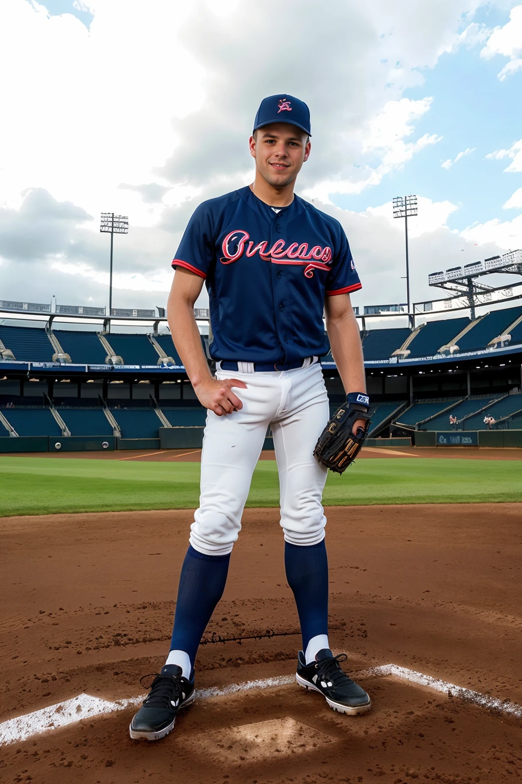 standing in the outfield of a baseball field, DmitryOsten is a baseballplayer, slight smile, baseball uniform, (dark blue jersey), white pants, (dark blue socks), long socks, (black sneakers), dark blue baseball cap, baseball mitt, ((full body portrait)), wide angle <lora:Clothing - Sexy Baseball Player:0.6> <lora:DmitryOsten:0.8>