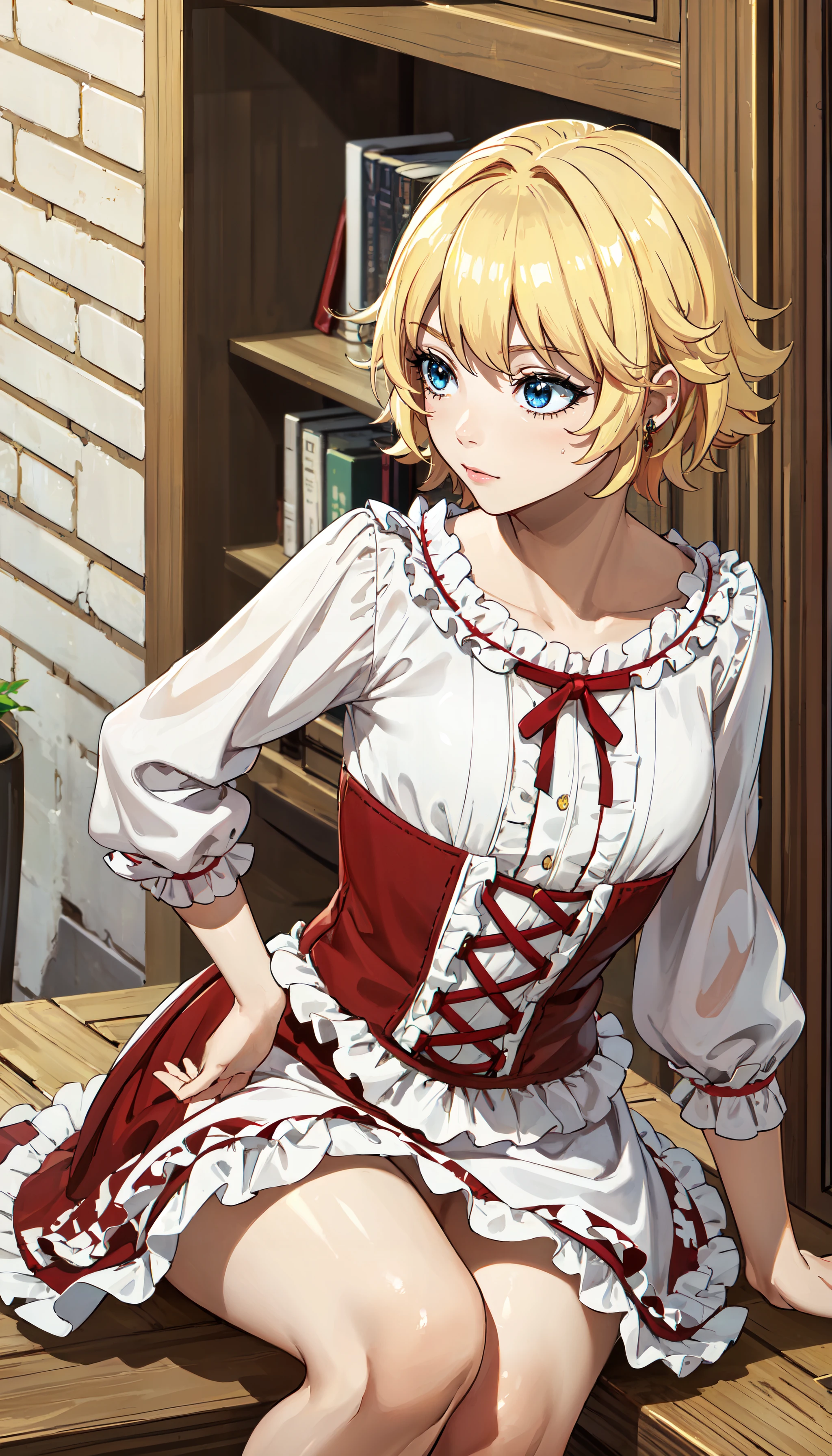 photorealistic, (4k), depth of field, (Masterpiece), (realistic skin texture), extremely detailed, intricate, hyper detailed, professional photography, bokeh, high resolution, sharp detail, best quality, girl, short hair, blonde hair, blue eyes, white blouse, (red skirt:1.5), (long skirt), red corset, waist apron, <lora:GoodHands-beta2:0.5>. <lora:detail_slider_v4:0.8> , dynamic pose, (sitting with elbows on knees), <lora:Ururu Fleur-000003:0.8> , bare neck, petite,