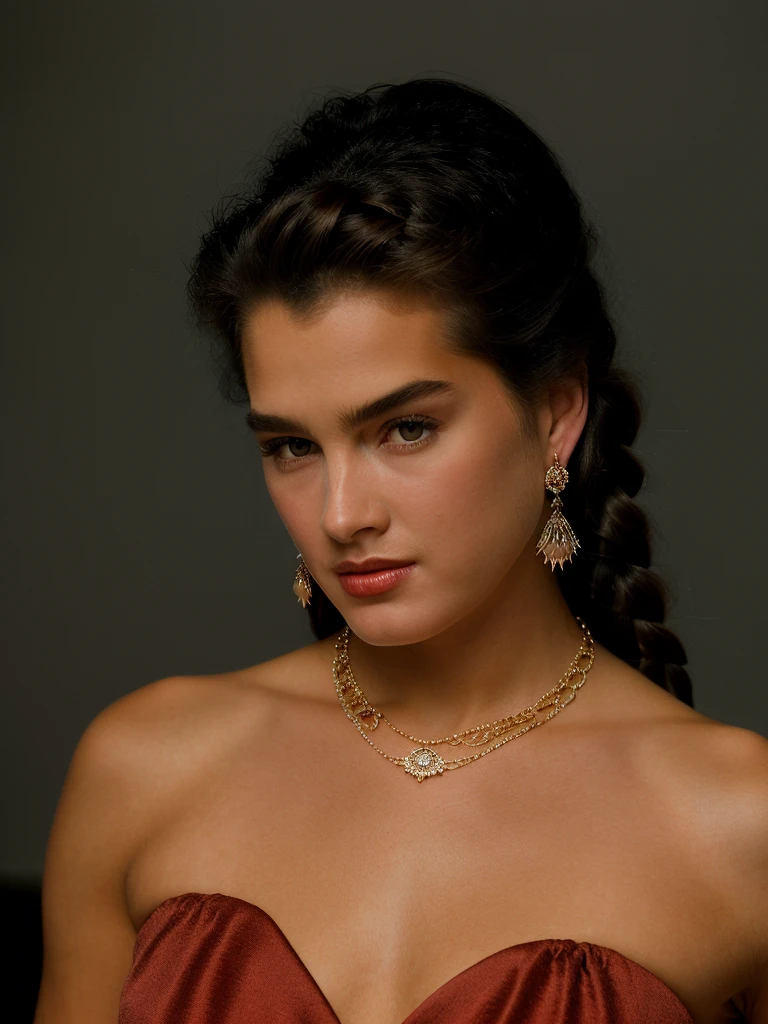 A beautiful br00k3s woman, 1girl,solo,long hair,looking at viewer,brown hair,black hair,dress,jewelry,upper body,braid,earrings,necklace,lips,grey eyes,single braid,makeup,realistic,red lips,red dress,soft lighting, professional Photography, Photorealistic, detailed, RAW, analog, sharp focus, 8k, HD, high quality, masterpiece<lora:br00k3s:1.0>