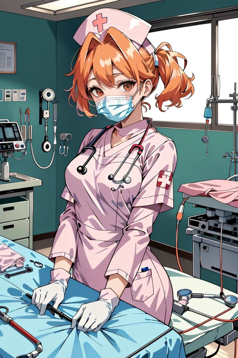 ((masterpiece, best quality,lower_body)), operating table,medical monitors,hospital bed, <lora:Chika Naruse v1:0.8> (chika naruse, 1girl, twintails, orange hair, brown eyes) <lora:surgical_nurse_v1:0.8> (surgical_nurse_v1.0, nurse cap, nurse, latex, stethoscope, latex gloves, surgical mask),