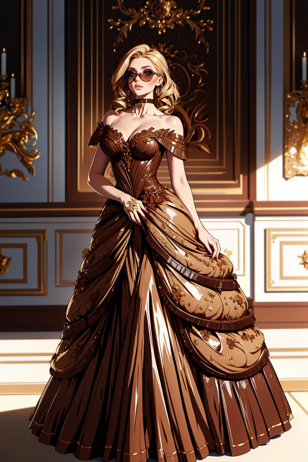 ((Masterpiece, best quality,full body)),
edgChoco, woman wearing a dress made of chocolate ,wearing edgChoco
 <lora:edgChocolatv1:1>
 <lora:Anime_Nadia:0.5> blonde, nadia, nadia_face, nadia_body, choker, sunglasses