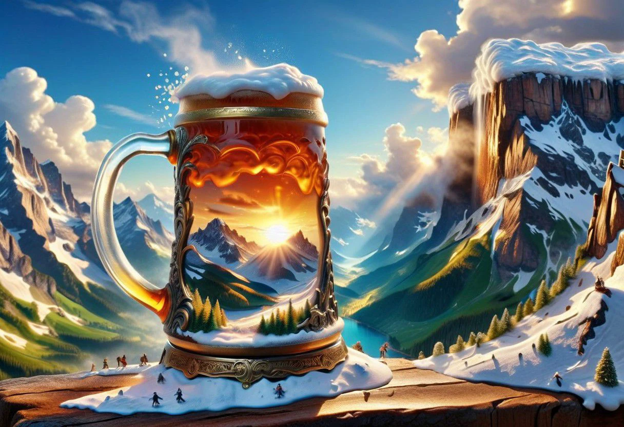 extreme close-up,  Bavarian beer stein with a lot of foam on it,,  tiny silhouettes from people are snowboarding on top of the foam mountains of the beer, whimsical scene of size juxtaposition. Playfully surreal, intricate details, magic realism, photorealistic rendering, soft lighting, vibrant colors, UHD resolution, 64K, UHD, HDR, ethereal atmosphere,magic realism by Hans-Werner Sahm and Marc Adamus.