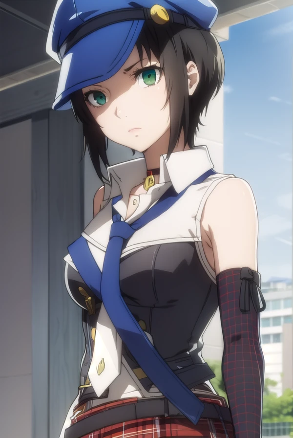 marikokusumi, <lora:mariko kusumi s1-lora-nochekaiser:1>,
mariko kusumi, short hair, black hair, (green eyes:1.3),
BREAK skirt, shirt, gloves, hat, white shirt, necktie, sleeveless, choker, elbow gloves, striped, belt, fingerless gloves, plaid, sleeveless shirt, red skirt, plaid skirt, striped gloves,
BREAK outdoors,
BREAK looking at viewer,
BREAK <lyco:GoodHands-beta2:1>, (masterpiece:1.2), best quality, high resolution, unity 8k wallpaper, (illustration:0.8), (beautiful detailed eyes:1.6), extremely detailed face, perfect lighting, extremely detailed CG, (perfect hands, perfect anatomy),