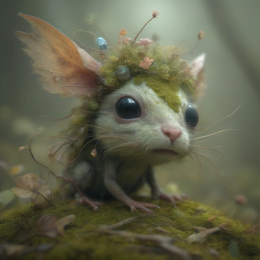<lora:artfullytinyfae_sdxl_v1:0.64>,mouse,oodland creature searching for a mate,biome made of moss,twigs,flowers,gems,crystals,light,wind,energy,hope,ultra high definition,glossy,photo realistic,3d,national geographic photo of a fae caught on camera in his biome,princess and wise,with silly,