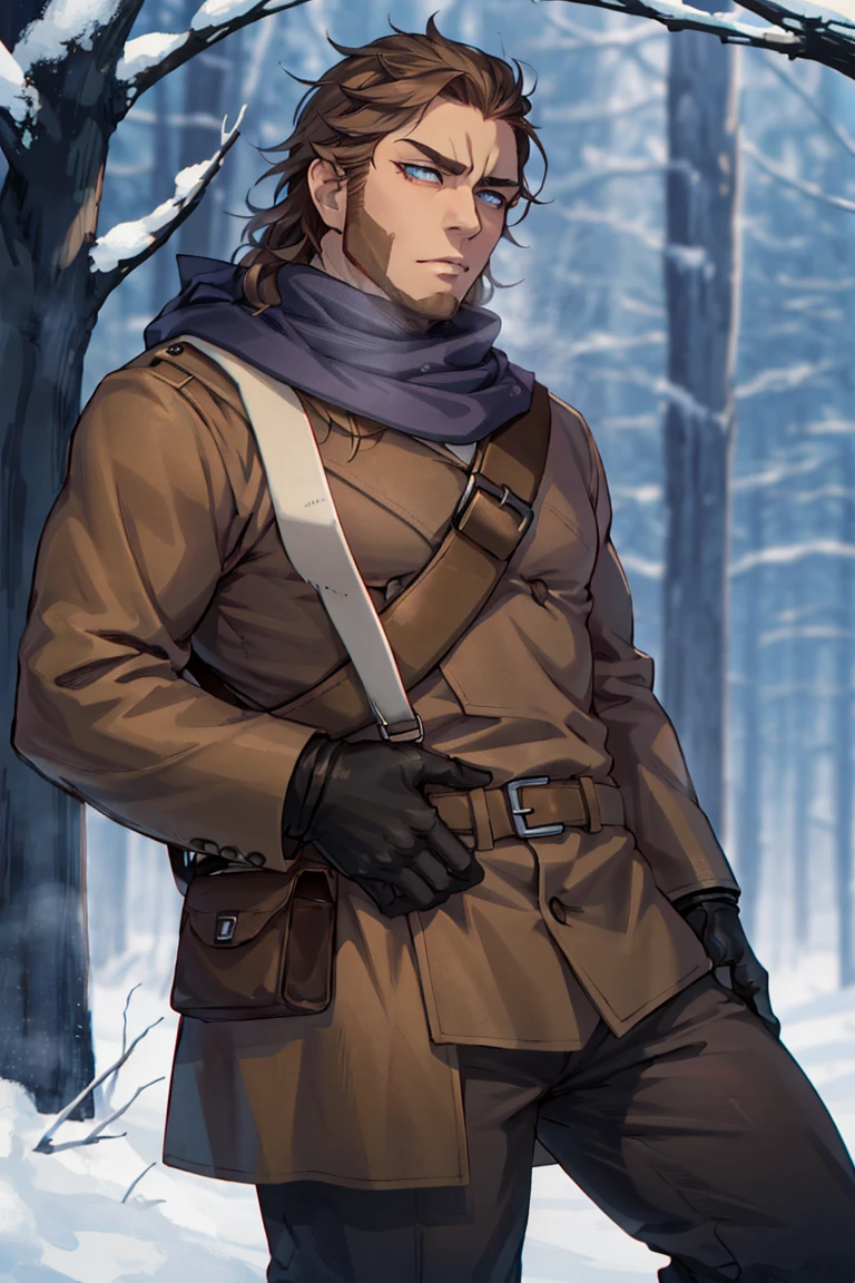 (1 image only),  solo male,  Vasily Pavlichenko,  Golden Kamuy,  Russian,  sniper,  brown hair,  blue eyes,  sharp eyes,  defined eyelashes,  furrowed brow,  wavy medium-length hair,  bold sideburns,  short and neat Shenandoah beard,  lightly-colored coat,  dark gloves,  scarf,  pants,  boots,  crossbody bag,  handsome,  charming,  alluring,  standing,  upper body in frame,  perfect anatomy,  perfect proportions,  2d,  anime,  (best quality,  masterpiece),  (perfect eyes,  perfect eye pupil),  high_resolution,  dutch angle,  snowy forest,  better_hands,<lora:EMS-291741-EMS:0.700000>,<lora:EMS-498-EMS:0.200000>