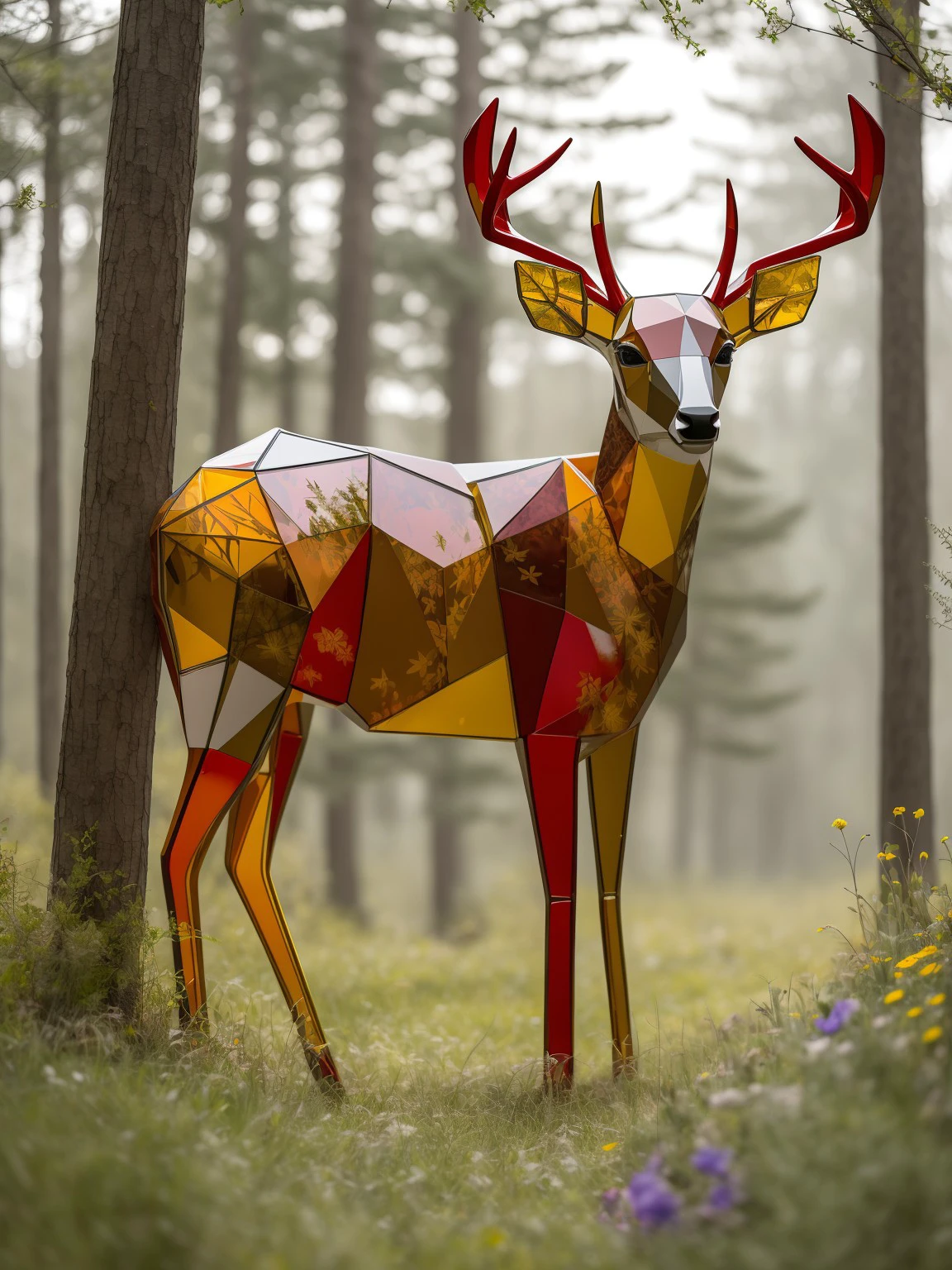 master piece, high quality,  a deer, in the forest, flowers,  <lora:J_glass:0.8> j_glass