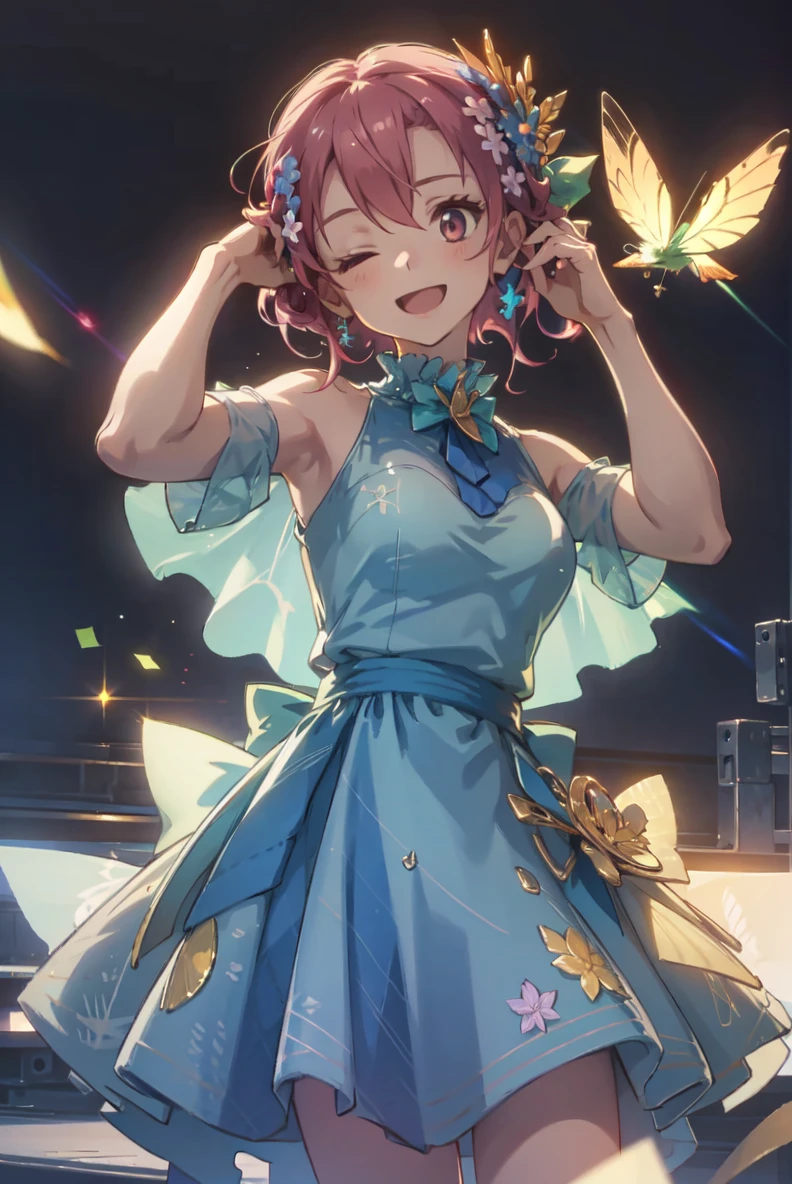 ast dina-2, sleeveless dress, hair flower, hair ornament, 1girl, solo, smile, open mouth, hand on own face