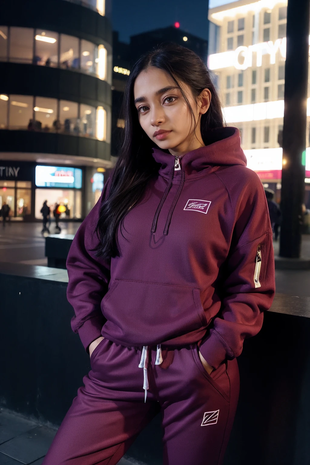 a woman wearing fleece pullover and track pants, city center, (rim lighting:0.5) <lora:fic-abby:0.8>