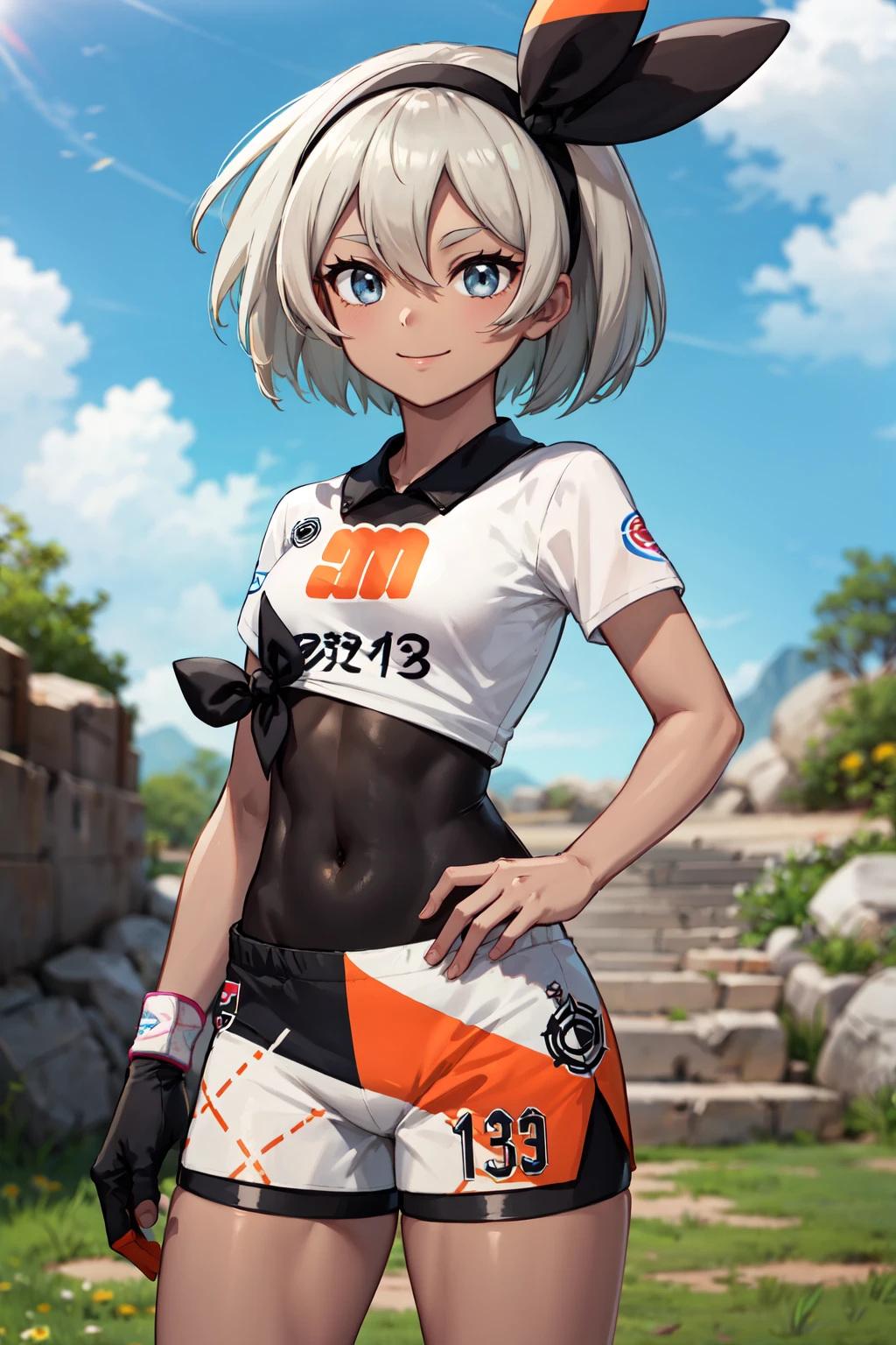 ((best quality)), ((highly detailed)), masterpiece, absurdres, (detailed eyes, deep eyes), (1girl), from above, bird's-eye view, upper body, <lora:bea_pokemon:.9>, bea, pokemon, short hair, grey hair, hair between eyes, bangs, black hairband, bow, grey eyes, ((dark skin, dark-skinned female)), muscular, medium breasts, smiling, (white shirt), collared shirt, short sleeves, side slit shorts, print shorts, black bodysuit, bodysuit under clothes, single glove, wrist band, knee pads, sneakers, (outdoors, in a desert, sand, pyramid, midnight, night sky, stars, blue moon)