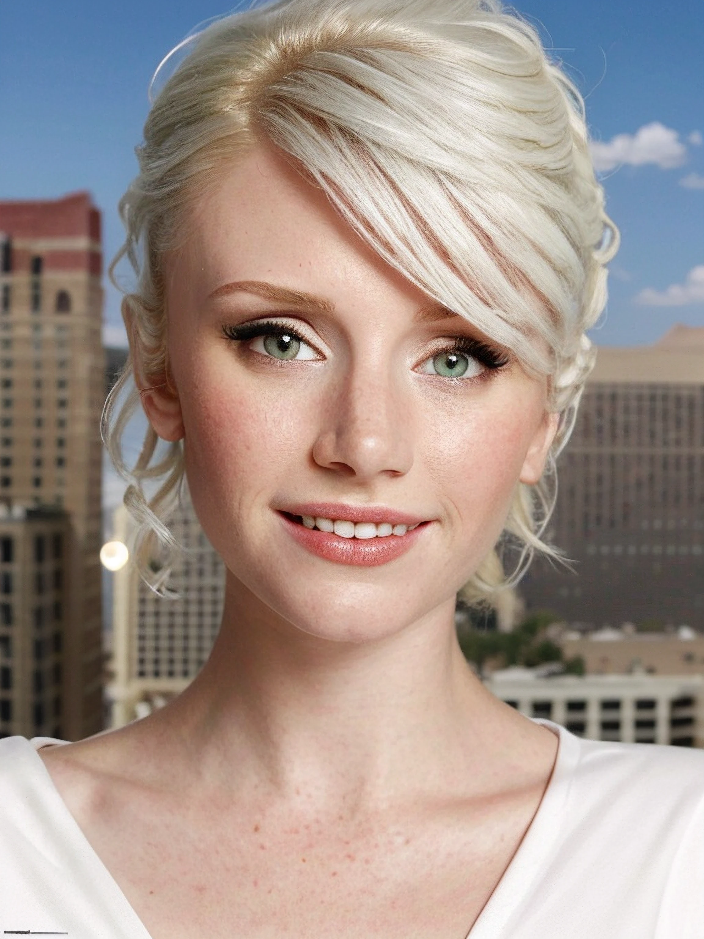 : bdh, portrait, face focus, face details, skin details, pores, peachfuzz, dappled sunlight, ((white hair)), intricate details, masterpiece, 1girl posing in front of Las Vegas at night, short hair, pixie haricut, mickey mouse t-shirt, film grain, 8k, smile
